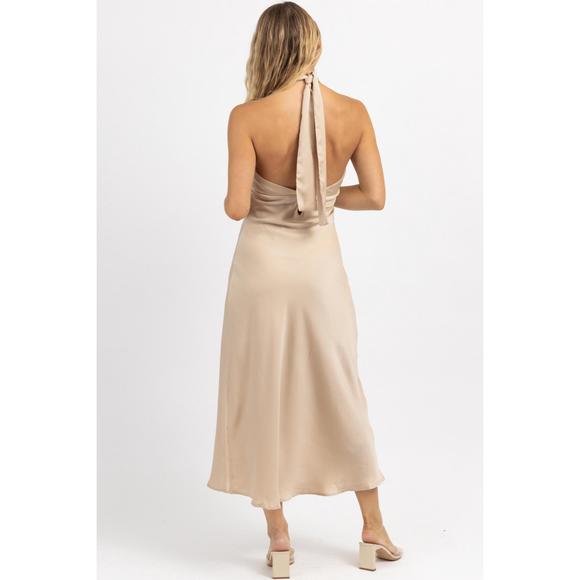 NEW LE LIS halter tie satin midi dress in champagne - Picture 6 of 6